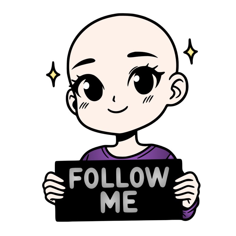 bald asian female holding up a sign says follow me