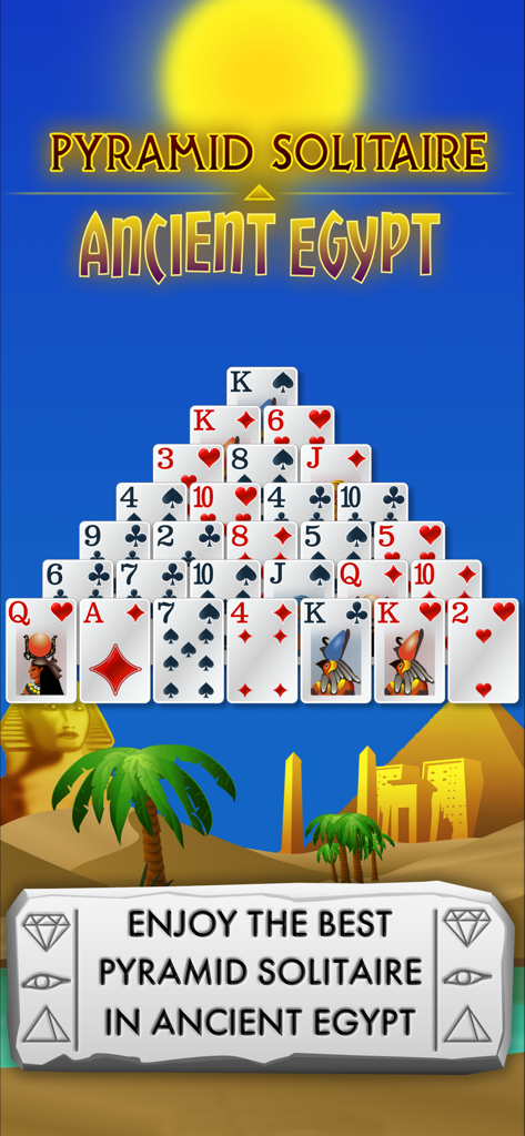 Gameplay screen of Pyramid Solitaire Ancient Egypt showing cards arranged in a pyramid against an Egyptian desert background.