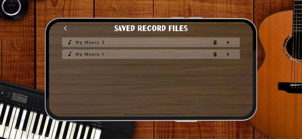 Interface showing saved recording files in the Saxophone Instrument app.
