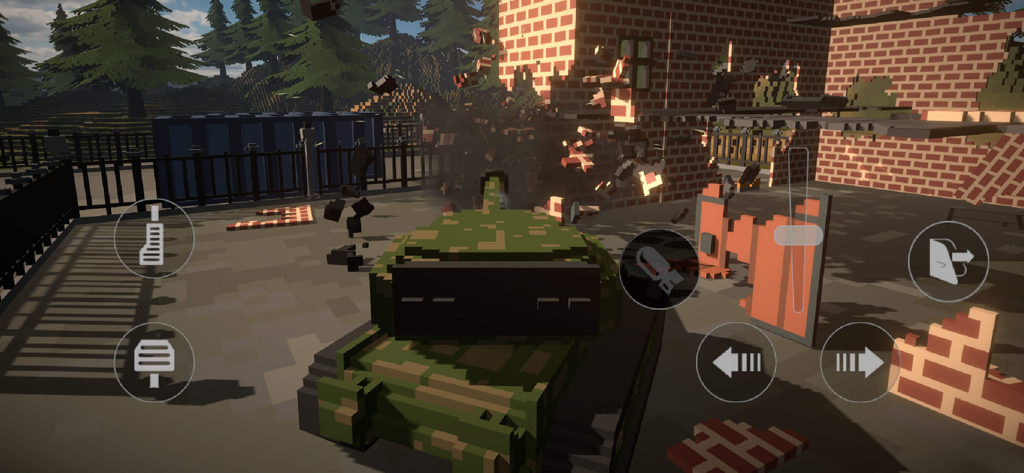 Voxel Destruction Sandbox - A camouflage tank destroying a brick wall in a voxel physics sandbox game
