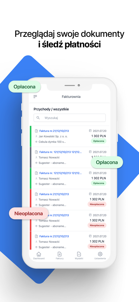 Fakturownia - faktury w KSeF - The Fakturownia mobile app interface showing a list of invoices with payment status labels
