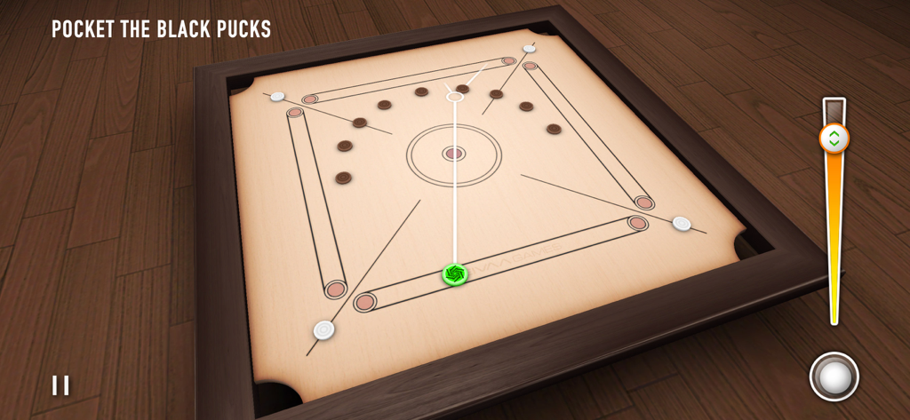 Gameplay of Carrom 3D showing a striker aiming at pucks on a wooden board