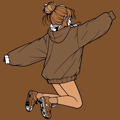 realistic girl jumping with a bun and oversized sweatshirt