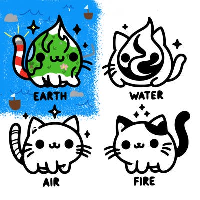 4 cats that represent the different elements, earth, water, air, and fire