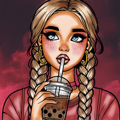 realistic girl with braided hair drinking boba