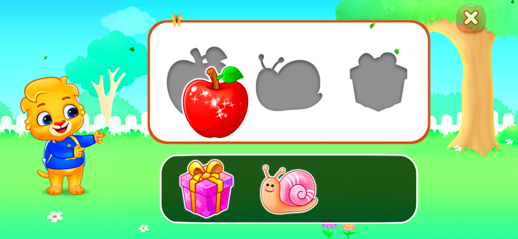 Puzzle Games For Kids 3+ Years - A colorful shape matching puzzle for kids featuring an apple and a friendly lion character.