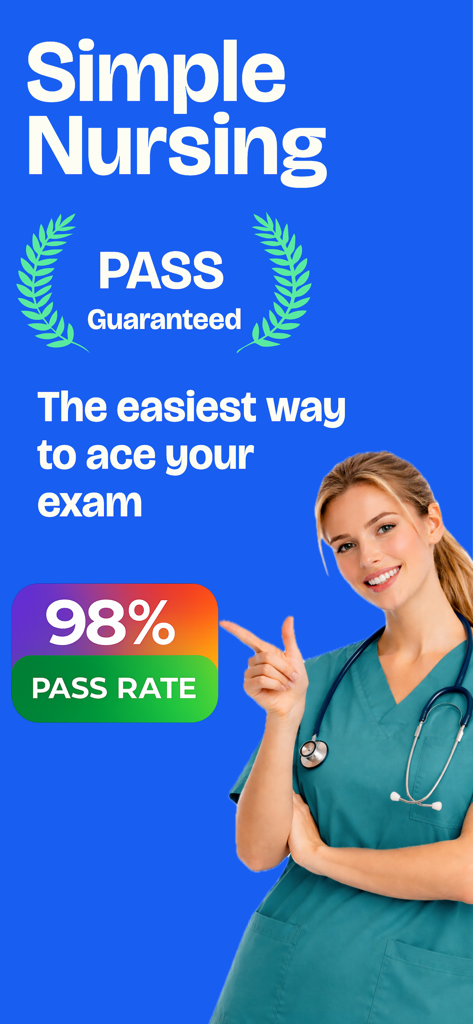 Simple Nursing NCLEX Exam Prep - Un'infermiera sorridente in camice verde che indica un badge con il 98% di tasso di superamento per l'app di preparazione all'esame NCLEX di Simple Nursing.
