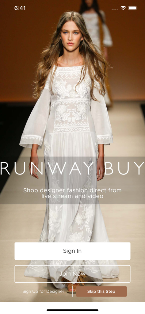 RUNWAY BUY | Shoppable Video - Runway Buy app home screen showing a model on a fashion runway with sign in and join buttons.
