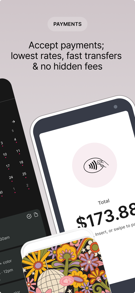 GlossGenius: Booking, Payments - 스타일리시한 꽃무늬 카드 리더기 옆에 총액 173.88달러가 표시된 GlossGenius 모바일 앱 결제 화면