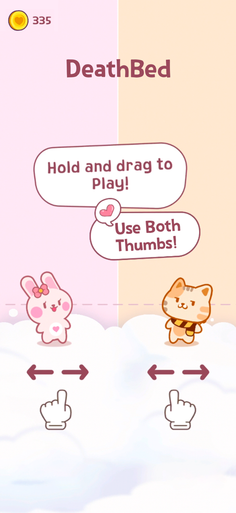 Duet Friends: Pet Music Games - Tutorial de jogabilidade para Duet Friends mostrando um coelho rosa e um gato laranja com instruções para usar ambos os polegares para um dueto musical.