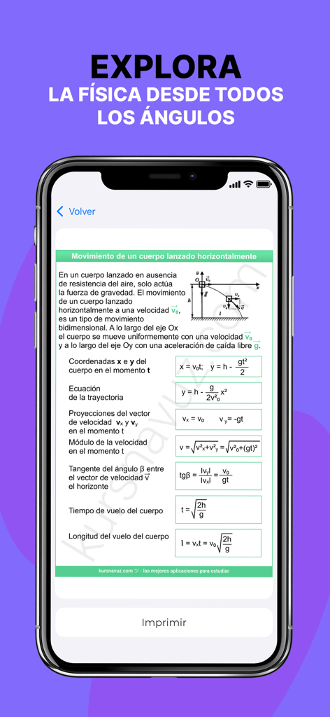 Física: teoría y ejercicios - Pantalla de la app de física mostrando fórmulas y diagramas para el movimiento de proyectiles en español