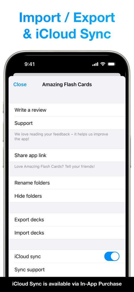 Amazing Flash Cards - デッキのインポート、エクスポート、iCloud同期オプションを示す、Amazing Flash Cardsのデ ィックのインポート、エクスポート、iCloud同期オプションを示す設定画面。