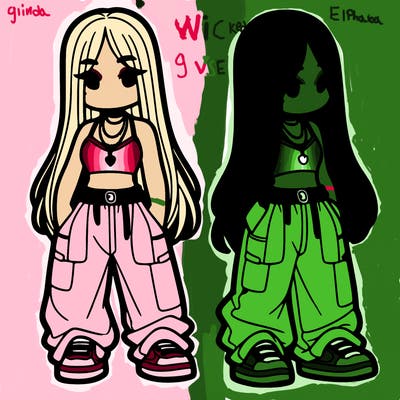 girl in baggy pants crop top and long hair