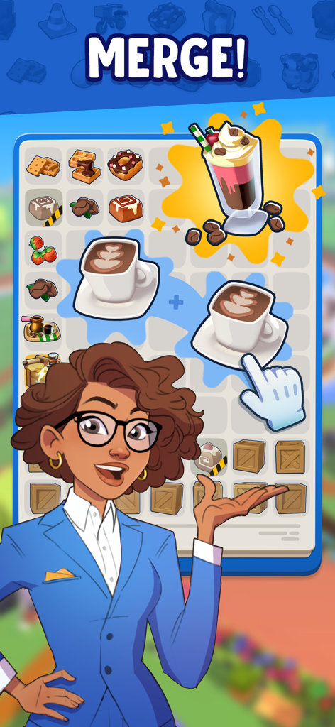 Olivia showing merge 2 gameplay with coffee items in Merge Mayor