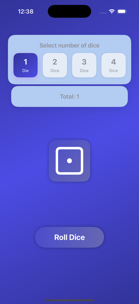 Interfaz minimalista de la aplicación móvil Lanzamiento de Dados que muestra la opción de lanzar un dado sobre un fondo degradado morado