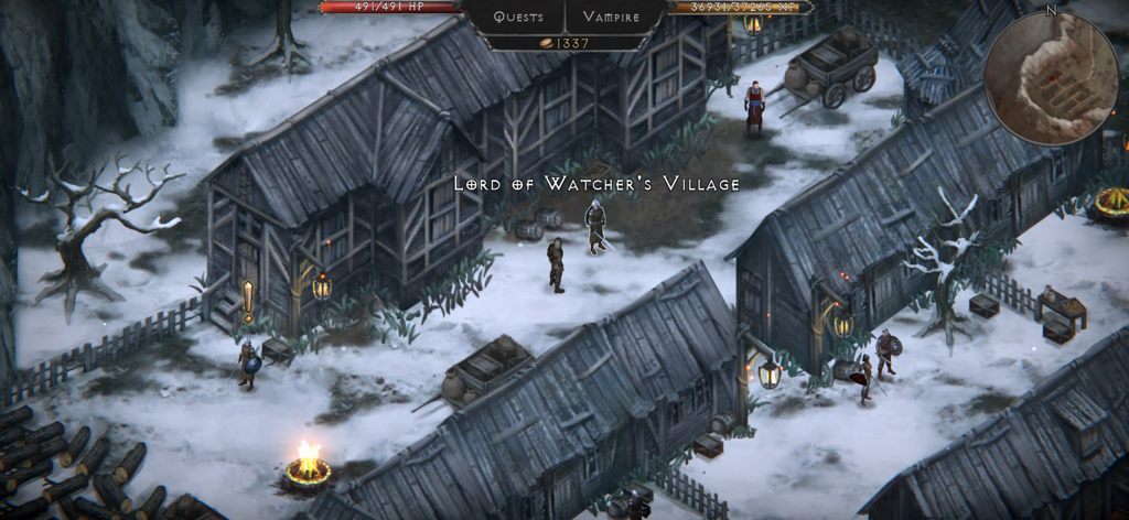 Vampires Fall Origins RPGの雪景色に覆われた村の探索を2Dアイソメトリックビューで表示