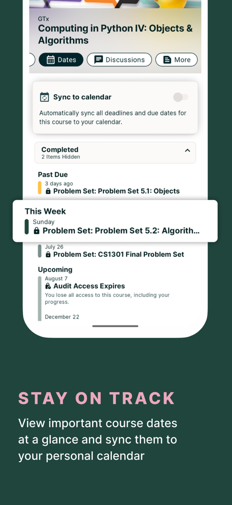 edX online learning - L'interface de l'application edX affiche les dates des cours et les devoirs, avec une fonction de synchronisation du calendrier pour aider les étudiants à rester à jour.