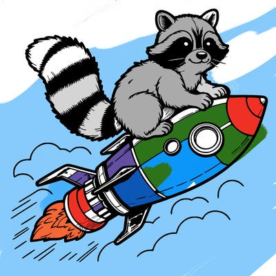 realistic raccoon flying on top rocket ship