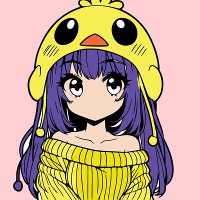 anime girl with chick shaped hat with sweater with bare shoulders with bangs covering them one eye with low tail