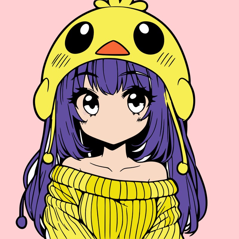 anime girl with chick shaped hat with sweater with bare shoulders with bangs covering them one eye with low tail