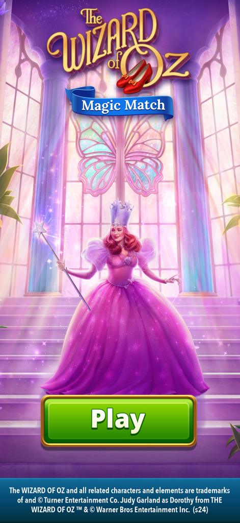 The Wizard of Oz Magic Match 3 - Start screen of The Wizard of Oz Magic Match 3 game featuring Glinda the Good Witch
