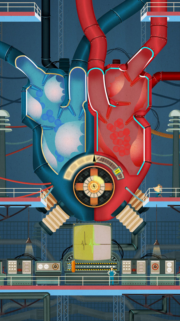 Homo Machina - A mechanical representation of a human heart as an industrial factory with pipes and control panels in the game Homo Machina