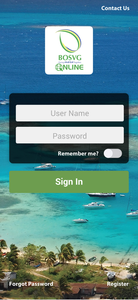 BOSVG iBANK Online mobile app login screen with user name and password fields over a tropical island background.