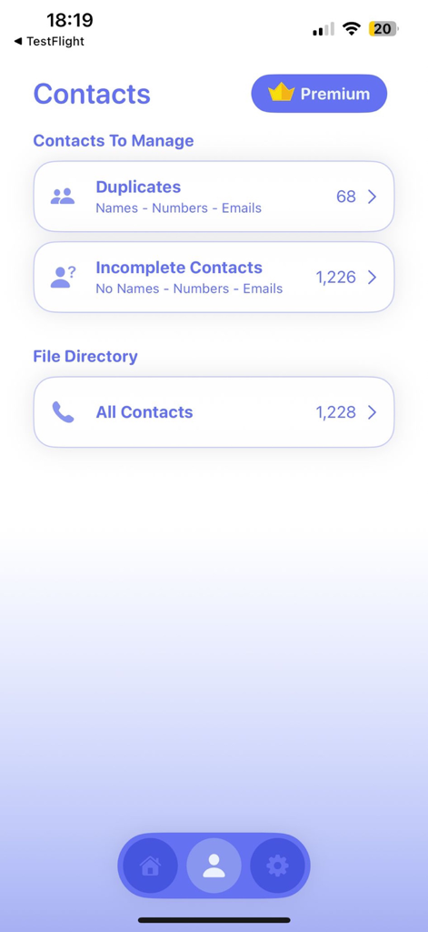 Storage Cleaner* - iPhone app screen showing options to manage duplicate and incomplete contacts