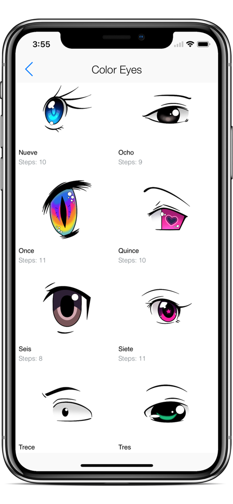 Draw Anime Eyes - Cutest Eyes - Screenshot of a gallery of colorful anime eye drawing lessons with step counts for each style.