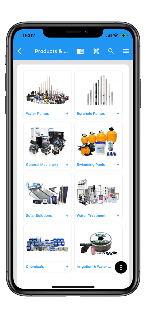 Interface of the D&S FLO app displaying product categories such as water pumps solar solutions and water treatment equipment