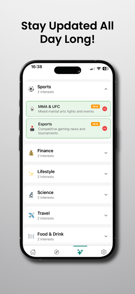 Pantalla de la aplicación PeakLife AI mostrando categorías de interés de noticias como deportes, finanzas y ciencia.