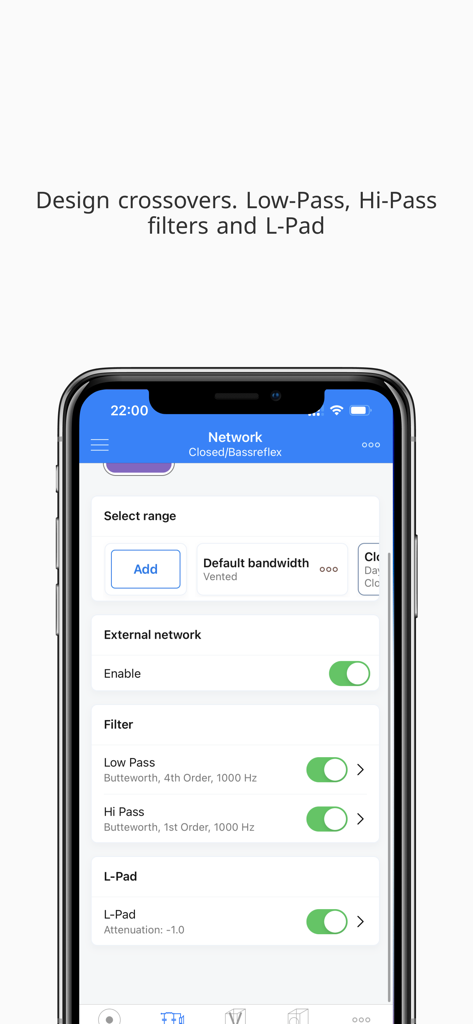 Interface of Speaker Box Lite app showing crossover design features including low-pass and hi-pass filter settings for audio speakers