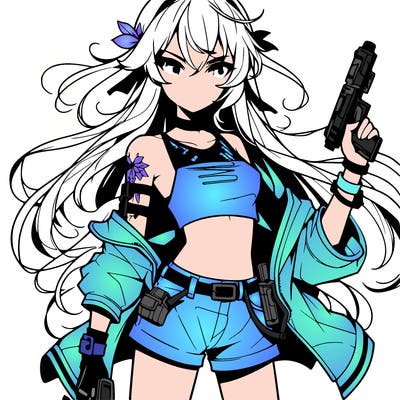 bad girl wearing crop top holding a gun long hair anime