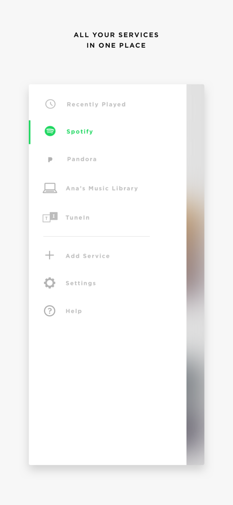 Bose SoundTouch app menu showing integrated music services like Spotify and Pandora in one place