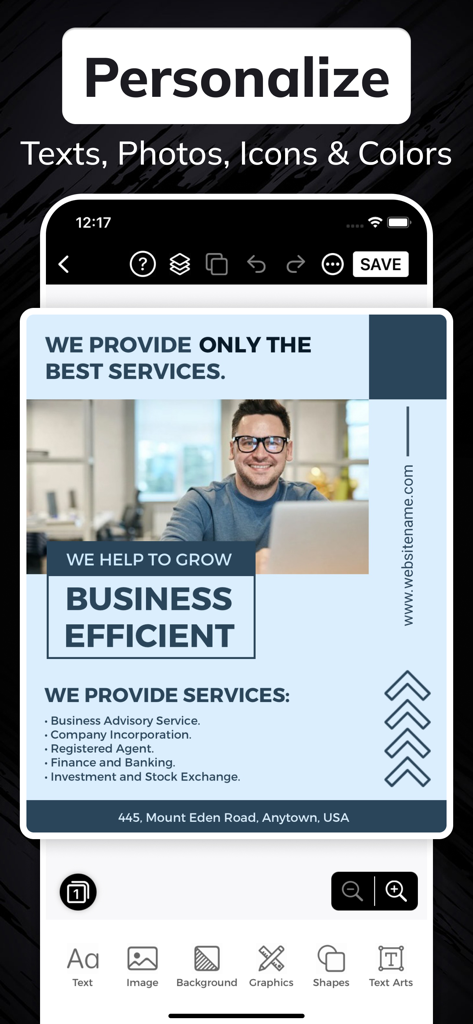 Interface da aplicação móvel mostrando opções de personalização para um template de panfleto de negócio incluindo texto, imagens e gráficos.