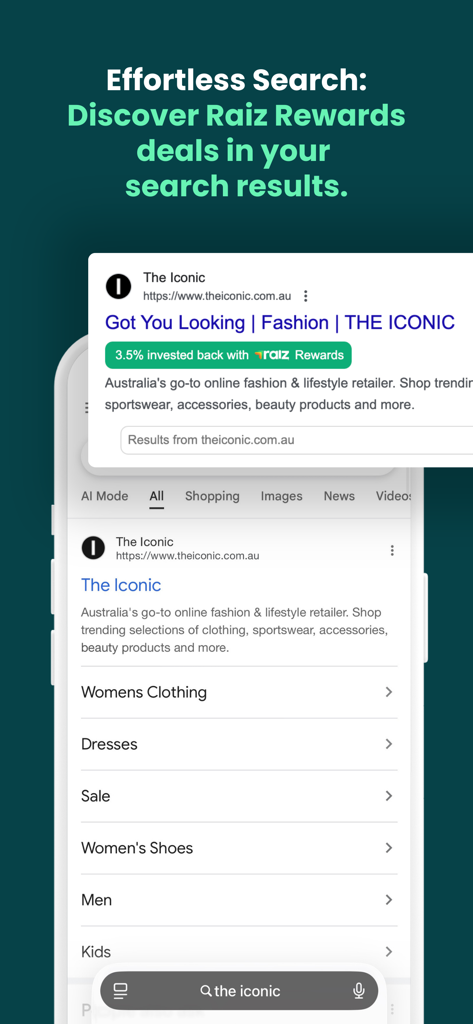 Raiz Rewards Browser Extension - Captura de pantalla que muestra las ofertas de inversión de Raiz Rewards integradas en los resultados del motor de búsqueda