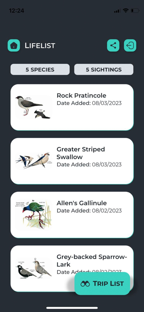 Newman’s Birds of Africa - 種イラストと日付が表示された記録された鳥の観察記録が表示されたNewman's Birds of Africaアプリのライフリスト画面