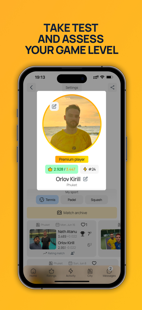 Raketo - Profilo del giocatore dell'app Raketo che mostra valutazioni di abilità e valutazione del livello di gioco