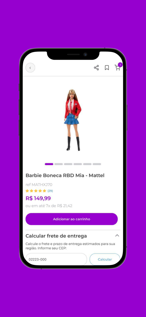 Toymania app screen displaying a Barbie doll product with price and add to cart button