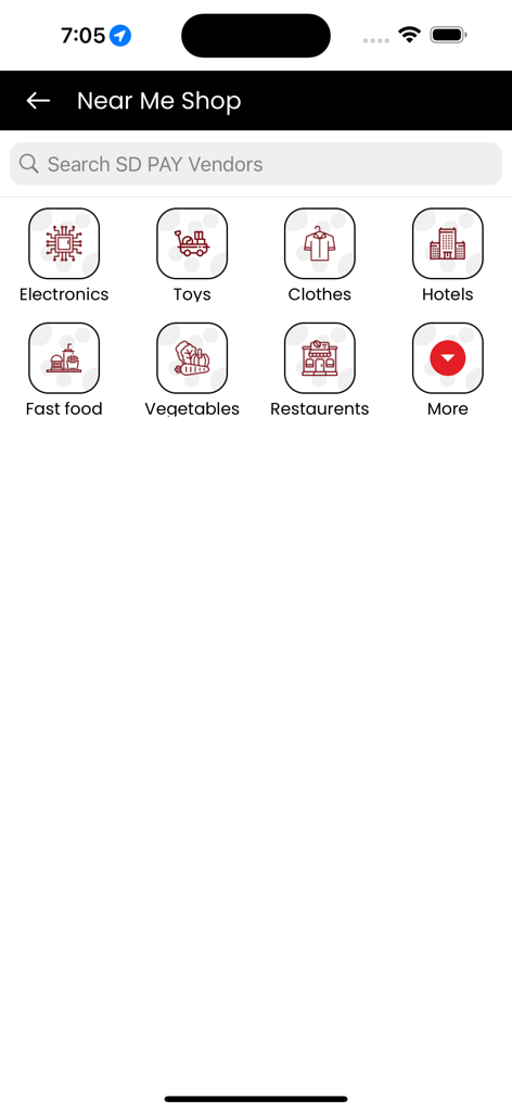Pantalla de la aplicación móvil SDPay que muestra categorías de tiendas hiperlocales como electrónica, ropa y restaurantes para el descubrimiento del usuario