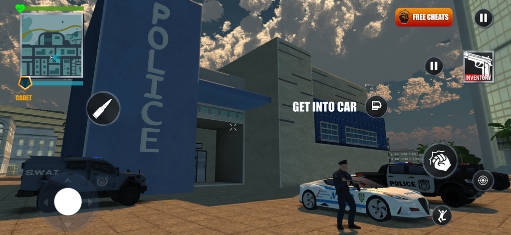 Police Simulator 2: Open World - A police officer standing next to a white sports patrol car outside a police station