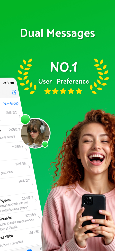 Dual Messenger-Duo Web Chatapp - A smiling woman holding a smartphone with the Dual Messenger app interface and a five star user preference rating