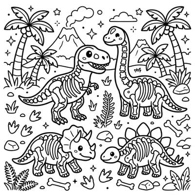 Discover an adorable prehistoric world with this Kawaii Dinosaur Skeletons coloring page. Bring to life cute fossilized T-Rex, Brachiosaurus, Triceratops, and Stegosaurus with your favorite colors.