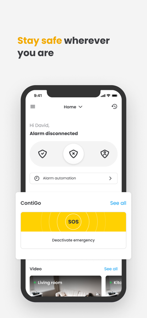 Prosegur SMART. - アラームステータス、SOSボタン、ライブビデオ監視フィードを表示するProsegur SMARTモバイルアプリのインターフェース。