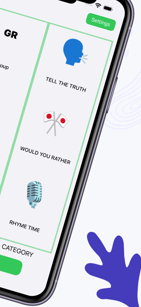 Spin Game - Random Task - Mobile app screen showing game categories like Tell the Truth and Would You Rather