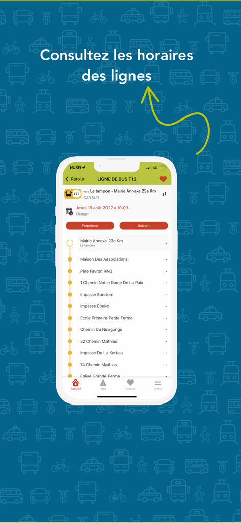CARSUD - Smartphone screen showing the bus route and schedule for line T12 in the CARSUD transit app
