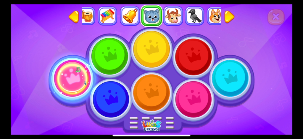 Interactive colorful musical drum pads in the Kids Music app for toddlers