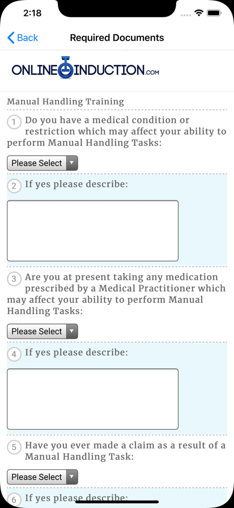 Induction - A manual handling training assessment form within the Induction app featuring medical and safety questions.