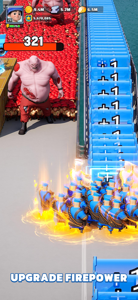 Gameplay of Last War Survival featuring soldiers battling a massive zombie boss in a multiplier gate level