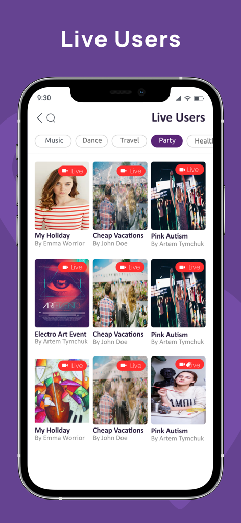 Lively - Lively app interface showing a list of active live streams from various creators categorized by interests like music and travel.